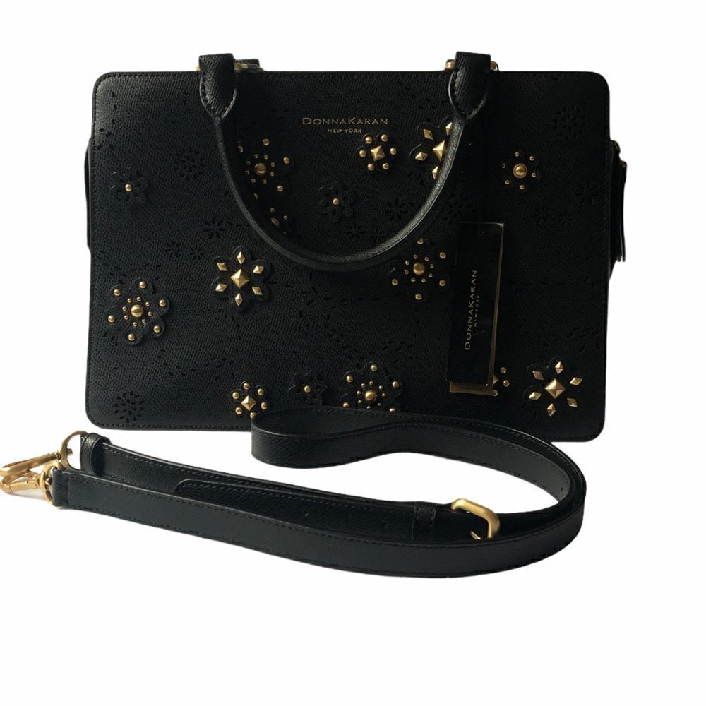 NWT Donna Karan Rina Black Leather Gold Floral Embellished Crossbody Tote Bag - Picture 5 of 9